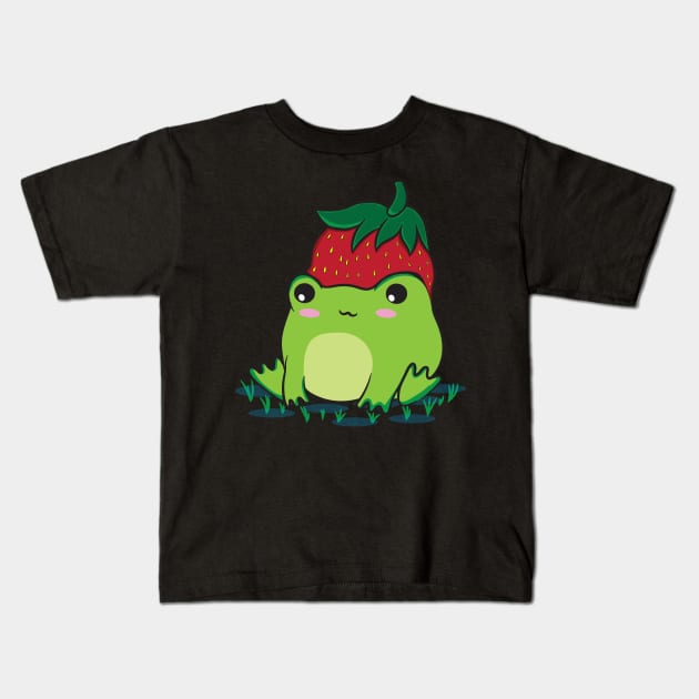 Cottagecore Aesthetic Cute Frog Strawberry Kawaii Kids T-Shirt by Alex21